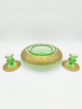Antique Art Deco Green Glass Console Floral Bowl Gold Tone Edge Candlestick Set